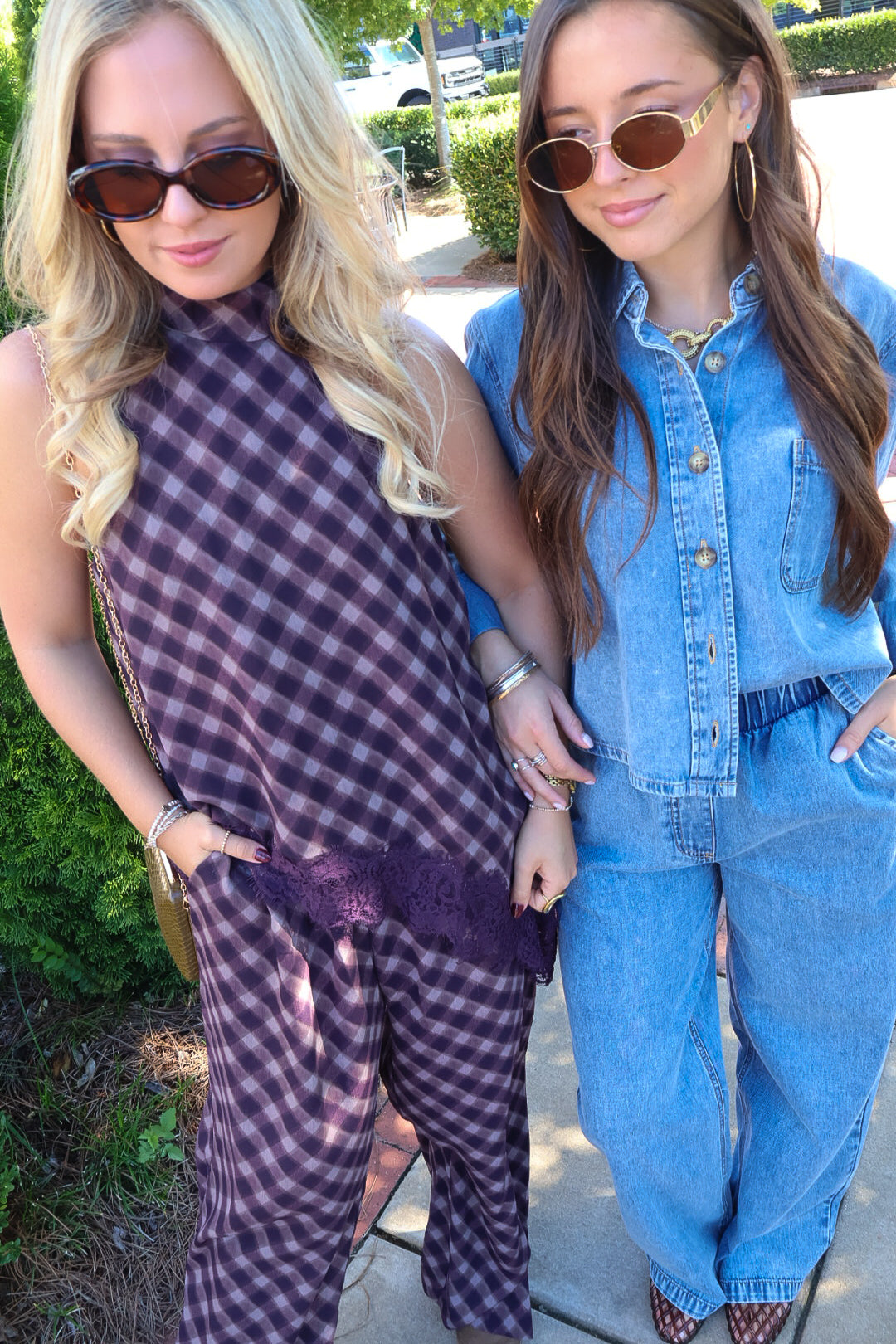 Plum Plaid Asymmetrical Top & Wide Leg Pants Set