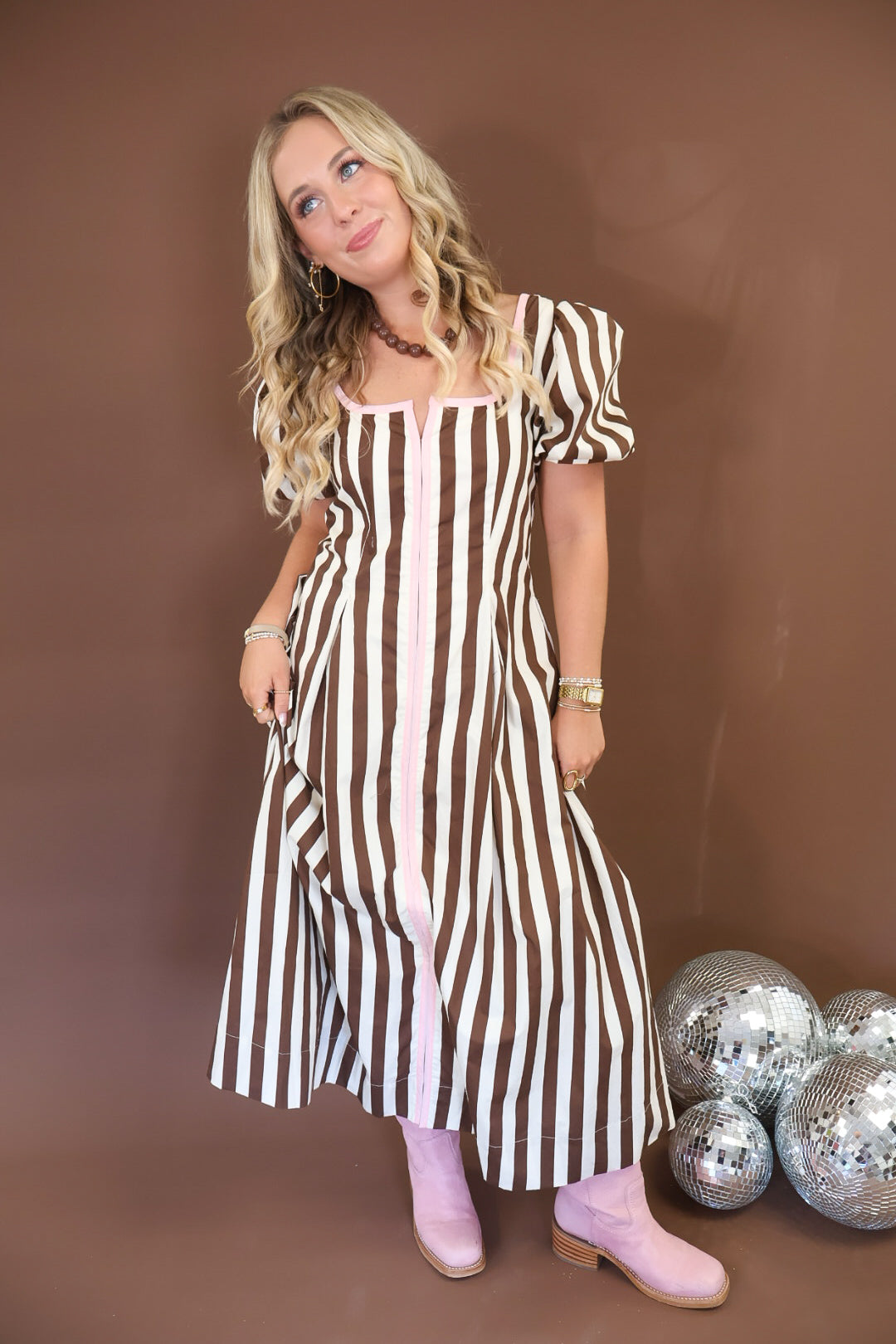 Brown & White Stripe Maxi Dress with Pink Trim
