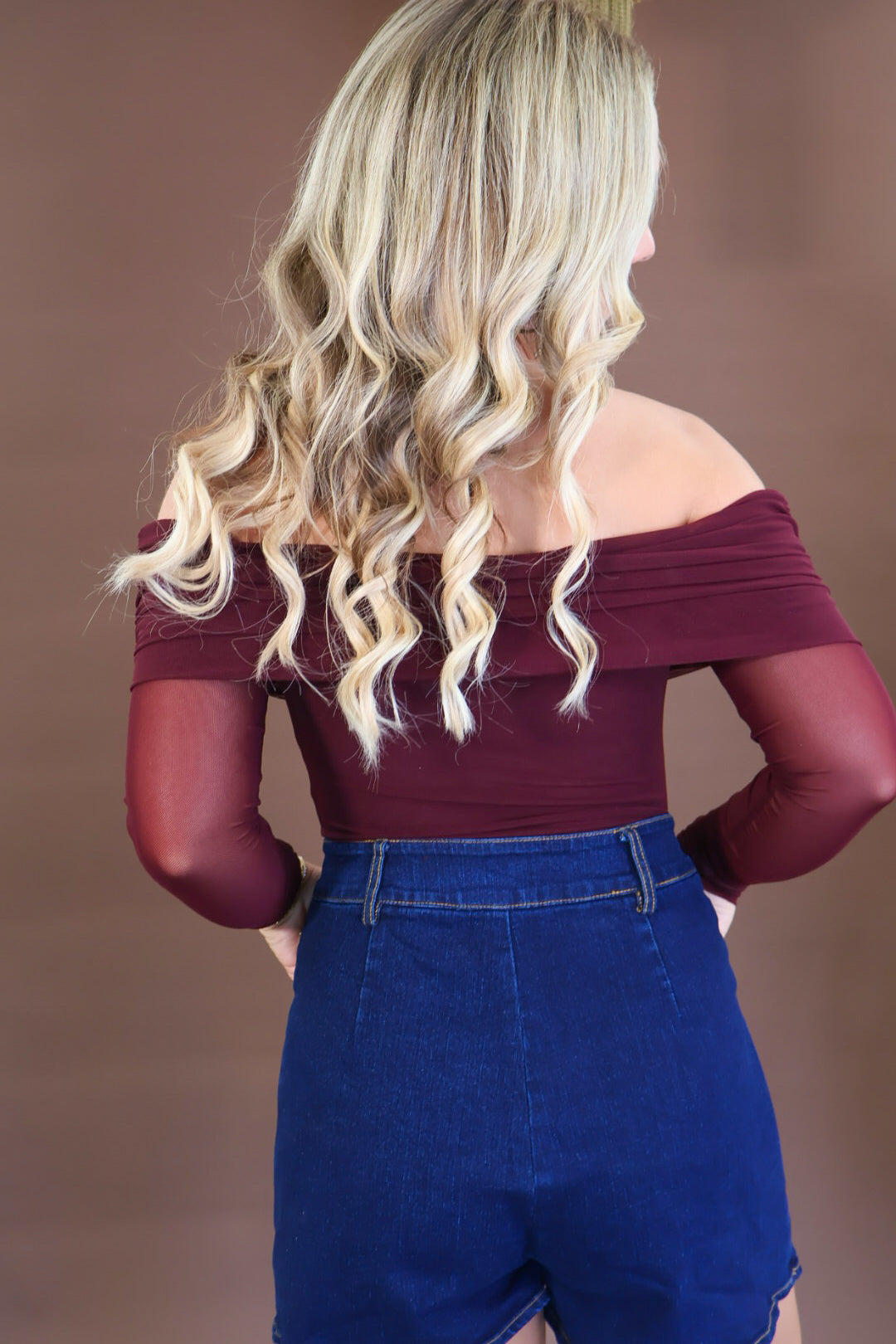 Burgundy Mesh Off Shoulder Long Sleeve Bodysuit