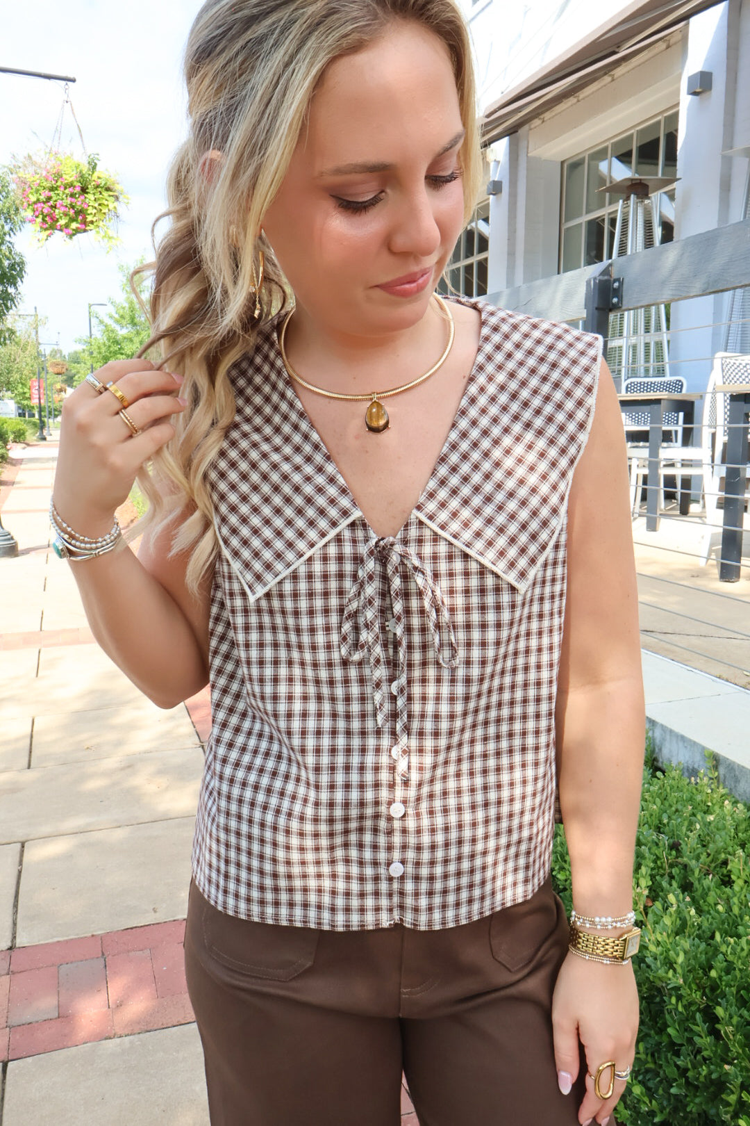 Brown Plaid Peter Pan Sleeveless Top