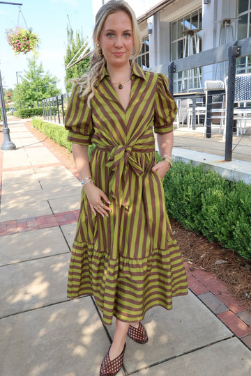 Martini Olive Stripe Puff Sleeve Dress