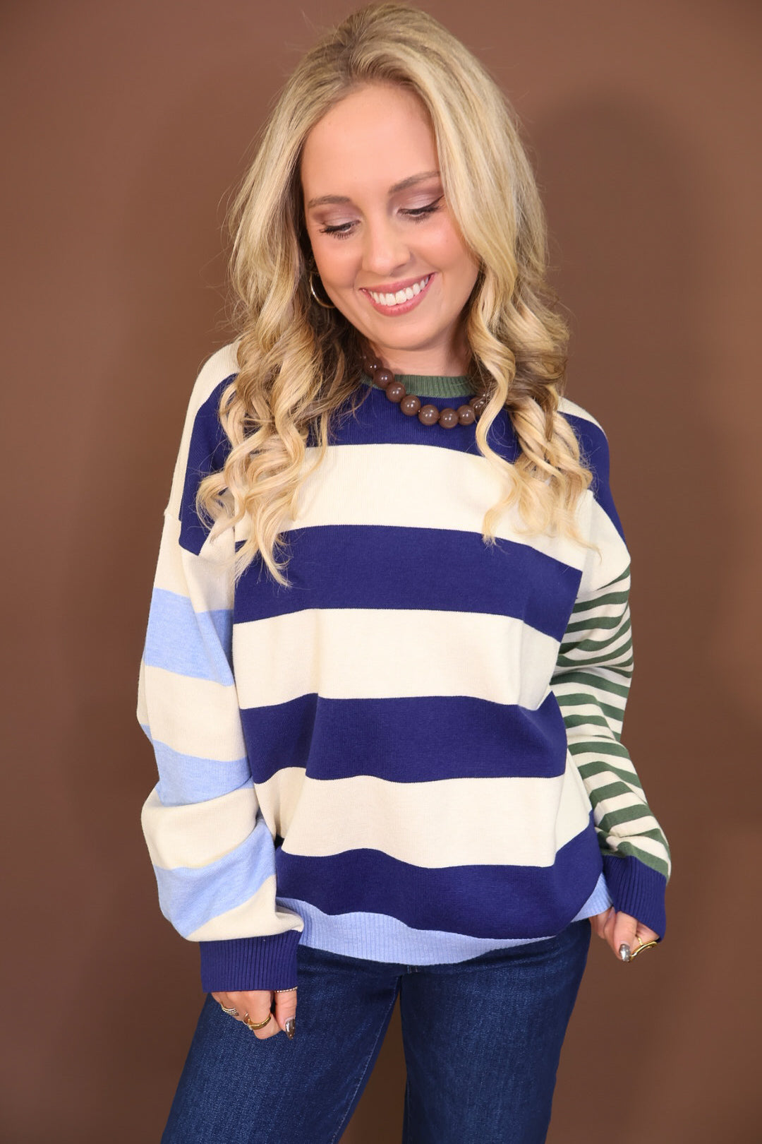 Navy & Cream Mixed Stripe Lightweight Sweater