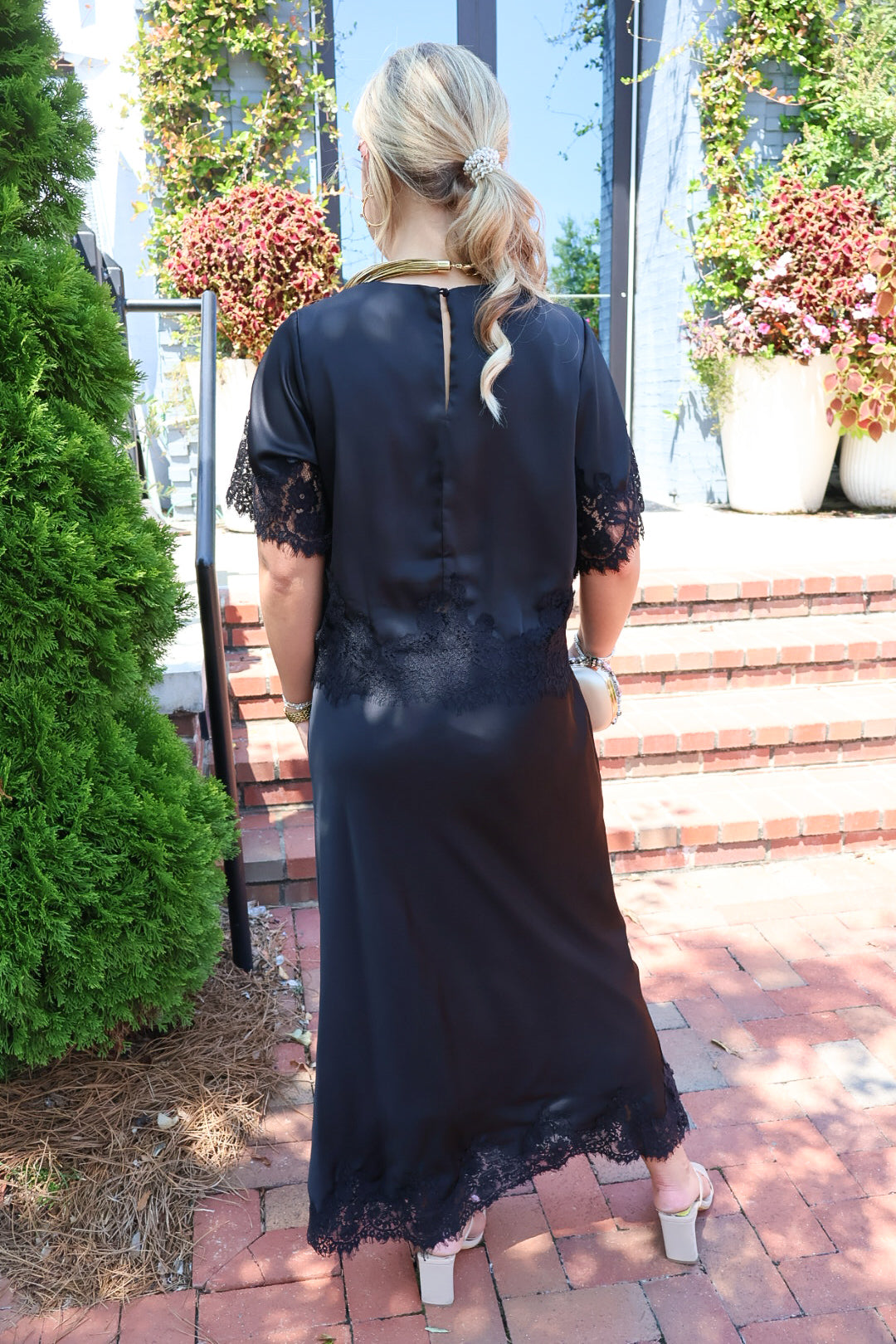 Black Satin Lace Trim Top & Skirt Set
