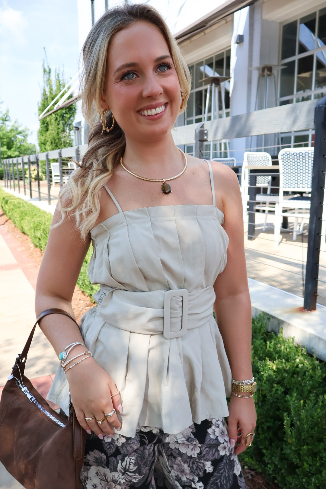 Tan Buckle Front Pleated Sleeveless Top