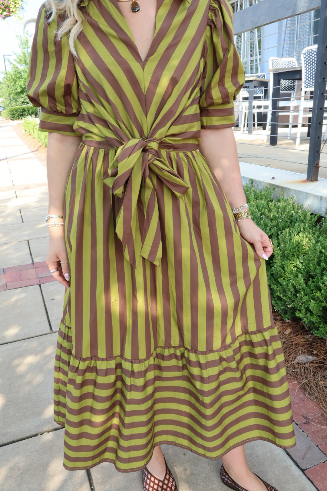 Martini Olive Stripe Puff Sleeve Dress
