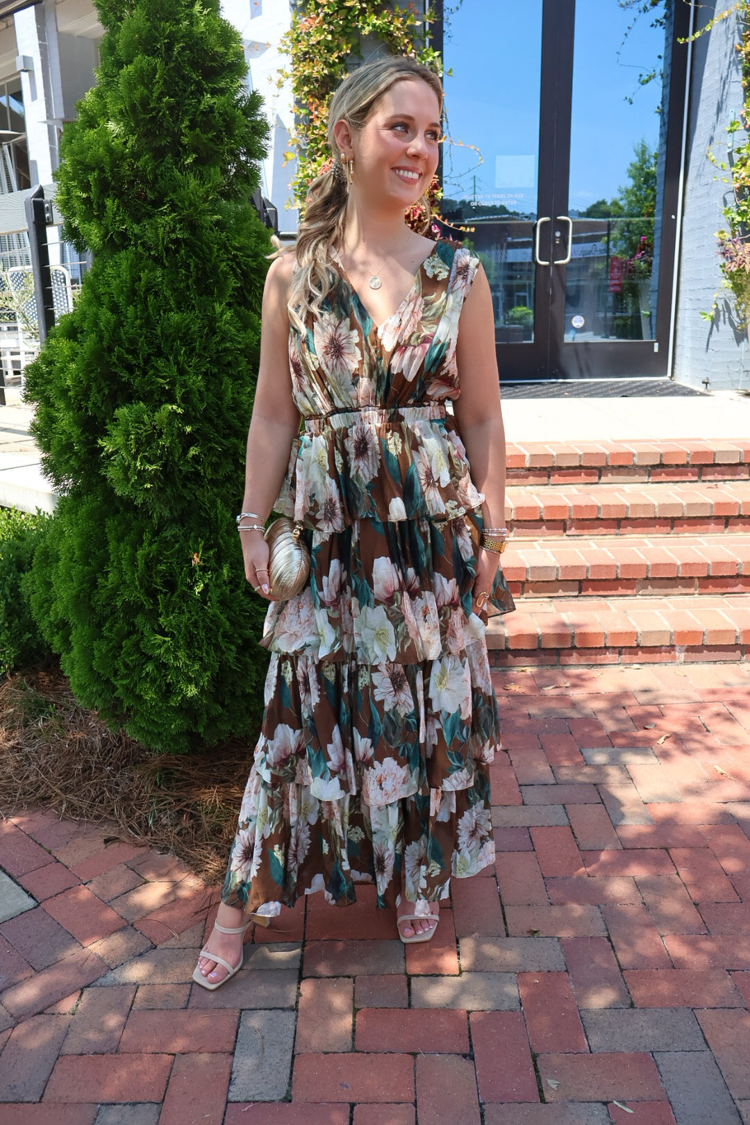 Brown Floral Tiered Maxi Dress