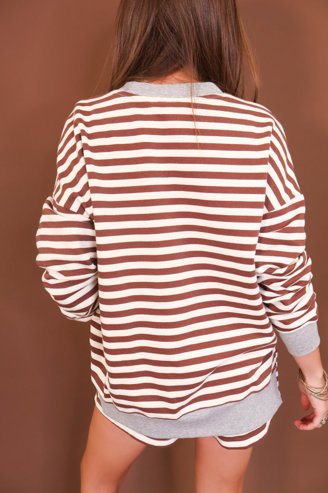 Brown & Cream Striped Shorts Set With Gray Trim