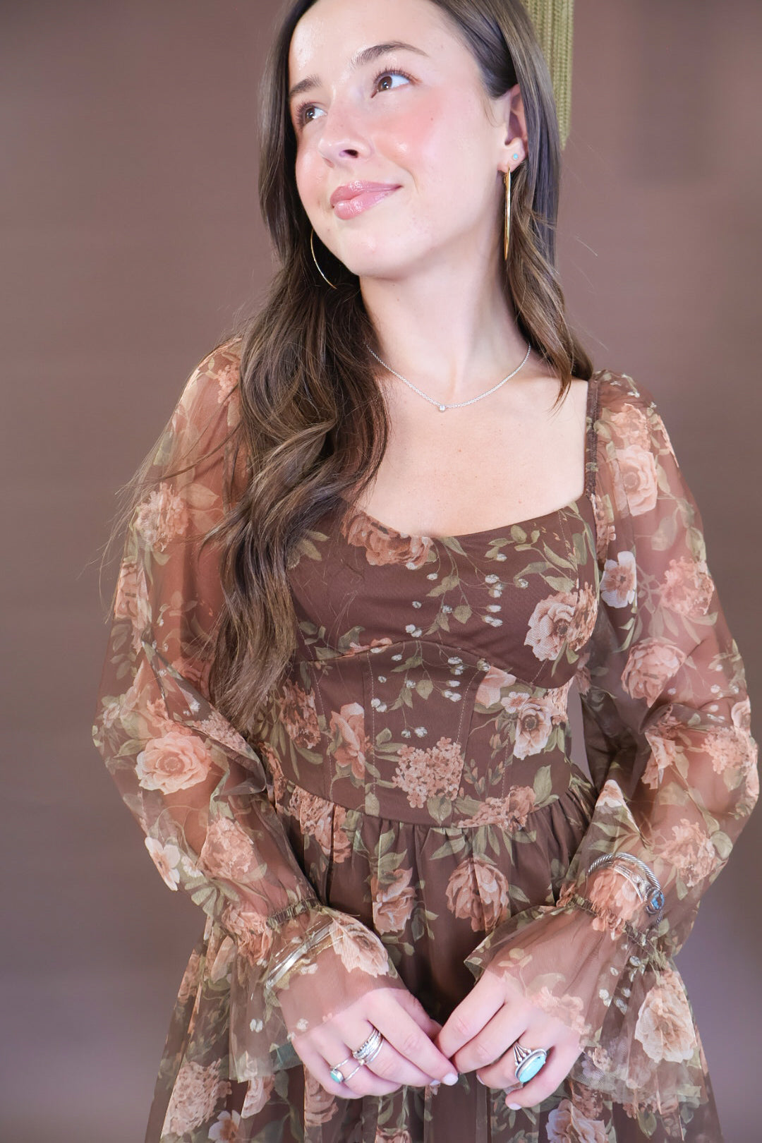 Brown Floral Mesh Long Sleeve Dress