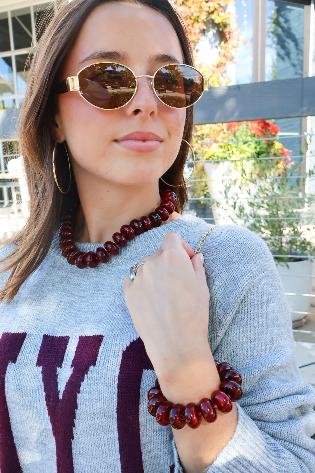 Burgundy Beaded Necklace & Stretch Bracelet Set