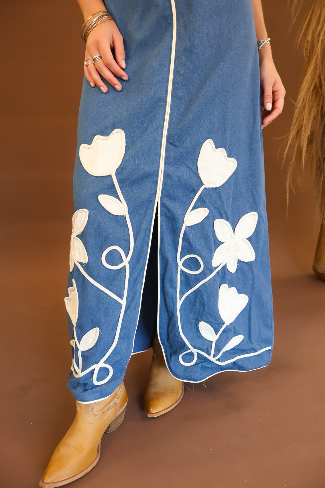 Denim Floral Embroidered Western Dress