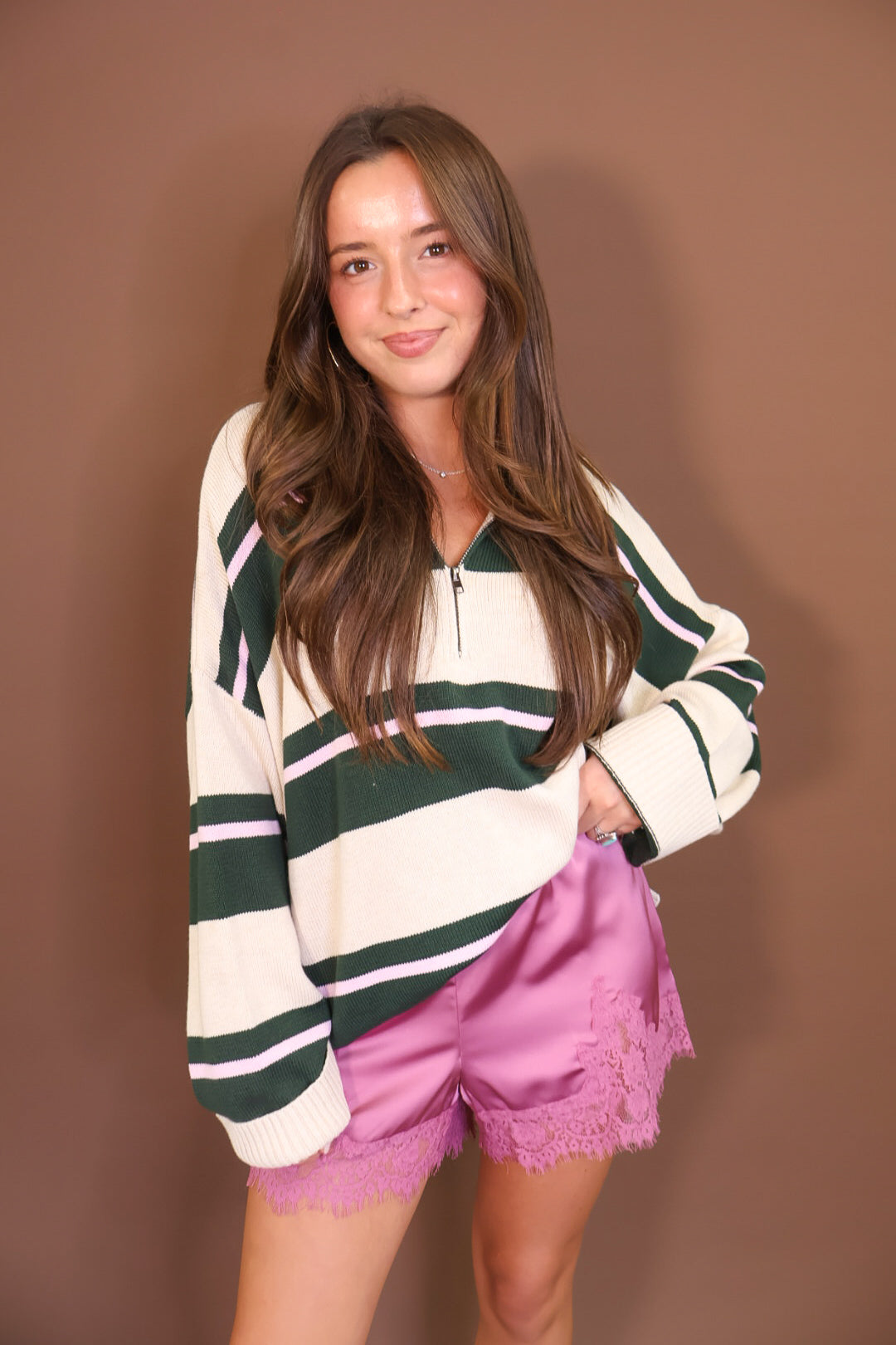 Hunter Green & Cream Oversized Quarter-Zip Sweater