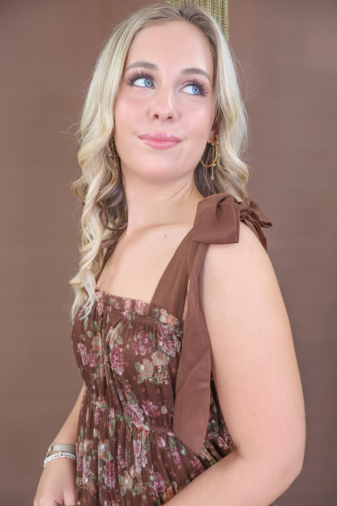 Chocolate Floral Mesh Shoulder Tie Midi Dress