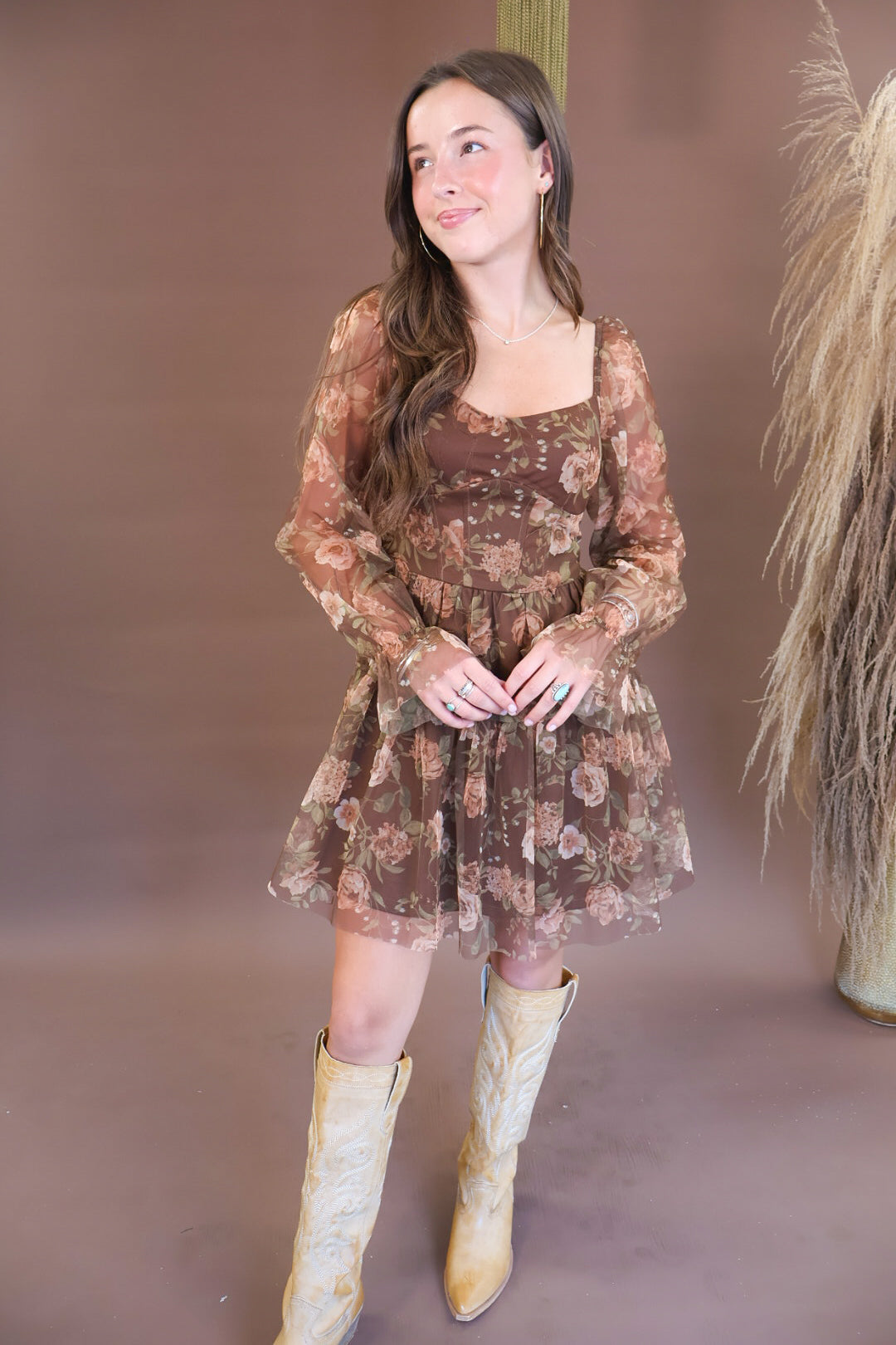 Brown Floral Mesh Long Sleeve Dress