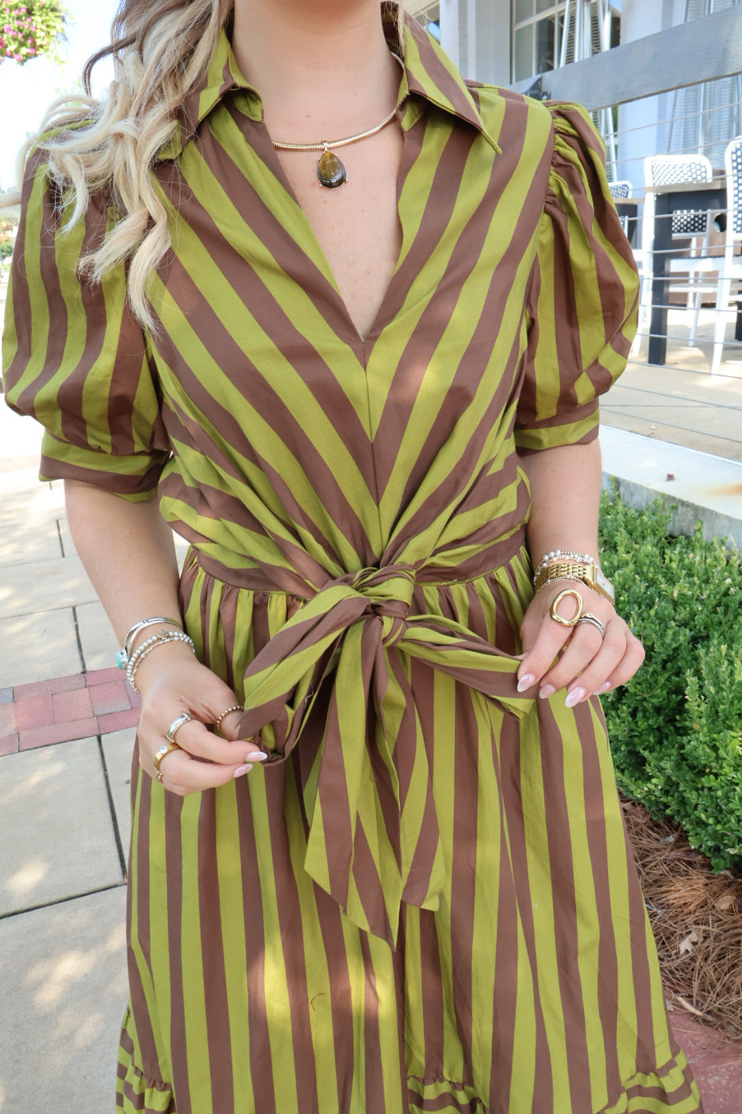 Martini Olive Stripe Puff Sleeve Dress