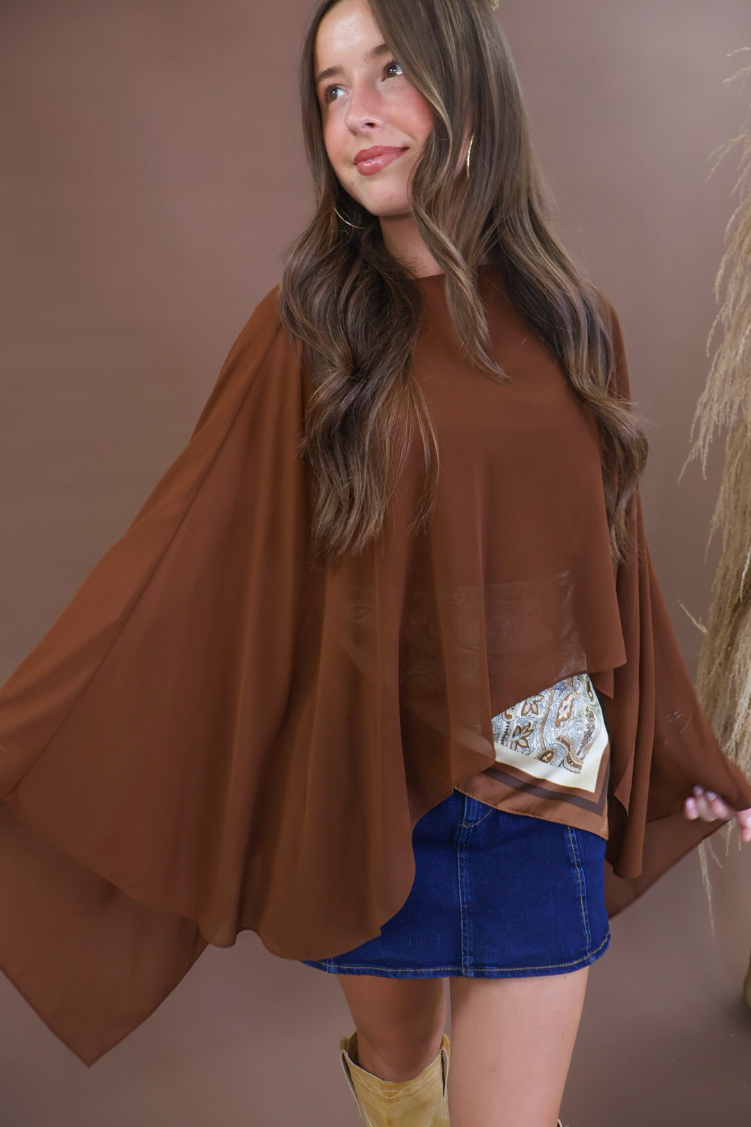 Chocolate Sheer Batwing Poncho Top with Cami