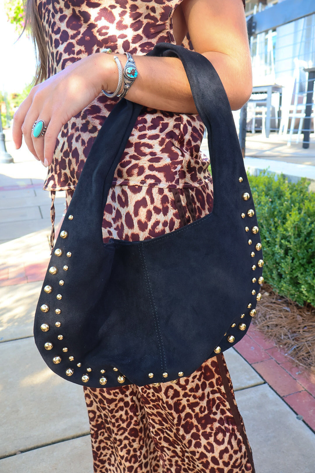 Black Faux Suede Gold Stud Shoulder Bag