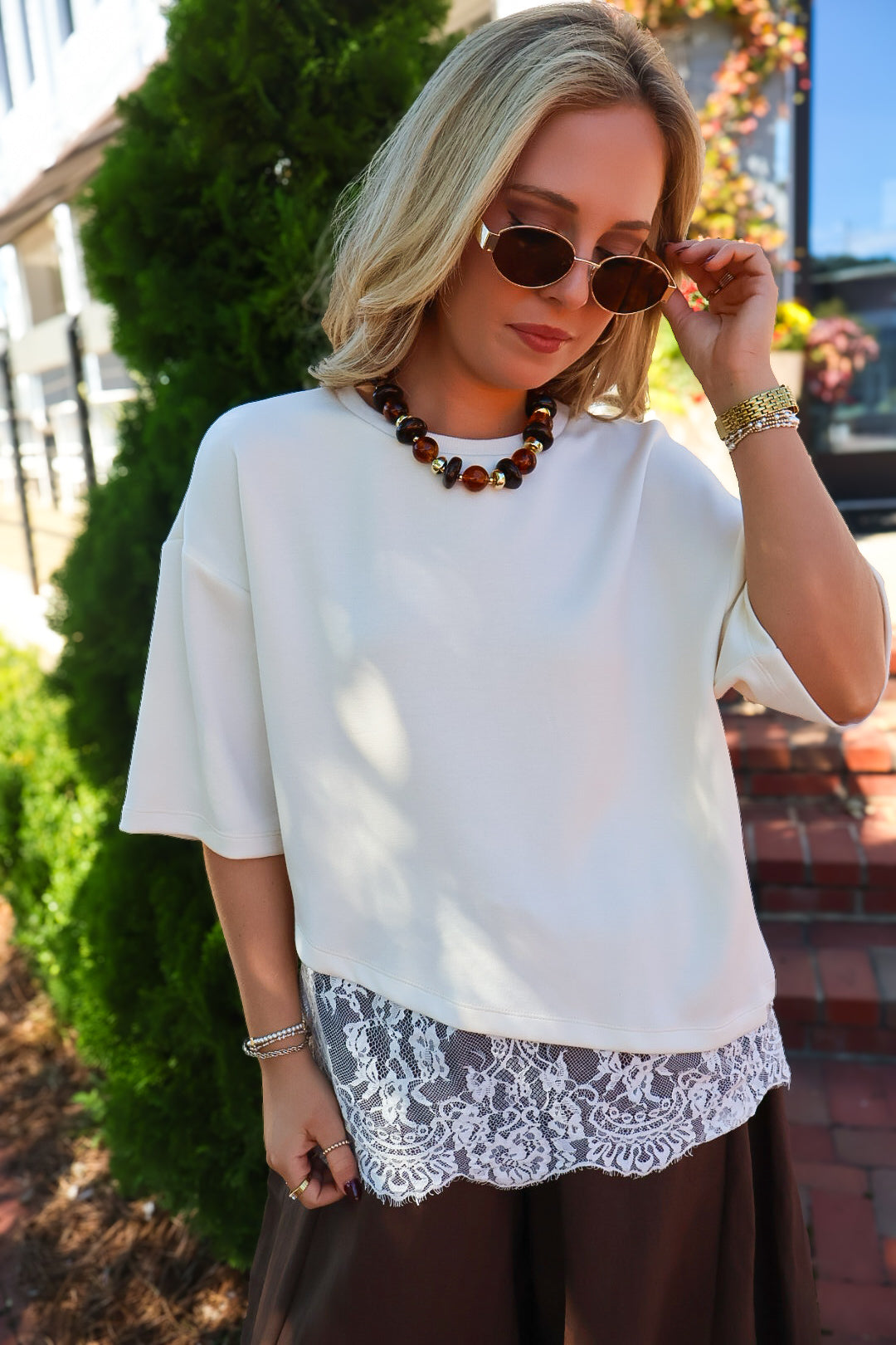 Cream Tee With Asymmetrical Lace Hem