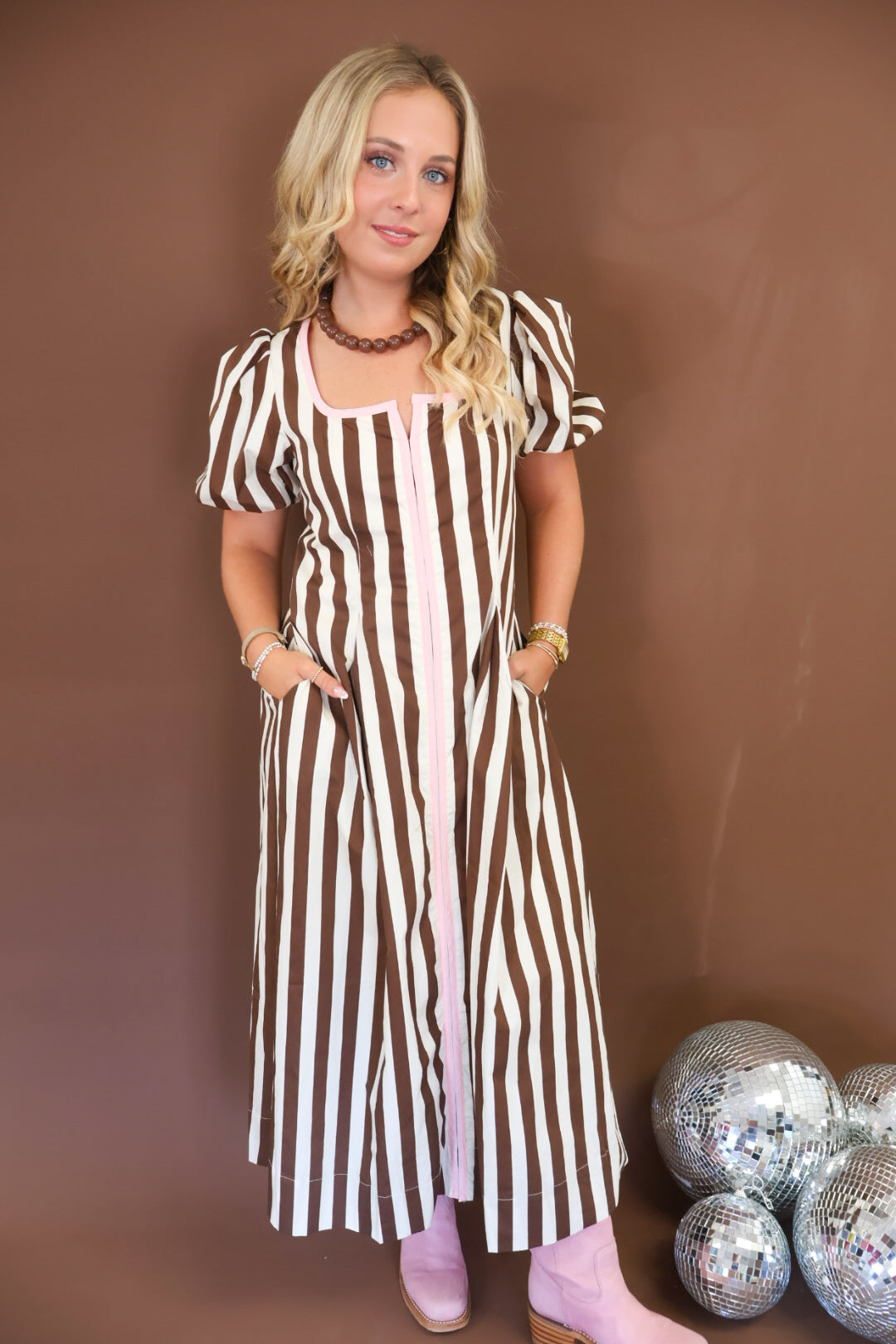 Brown & White Stripe Maxi Dress with Pink Trim