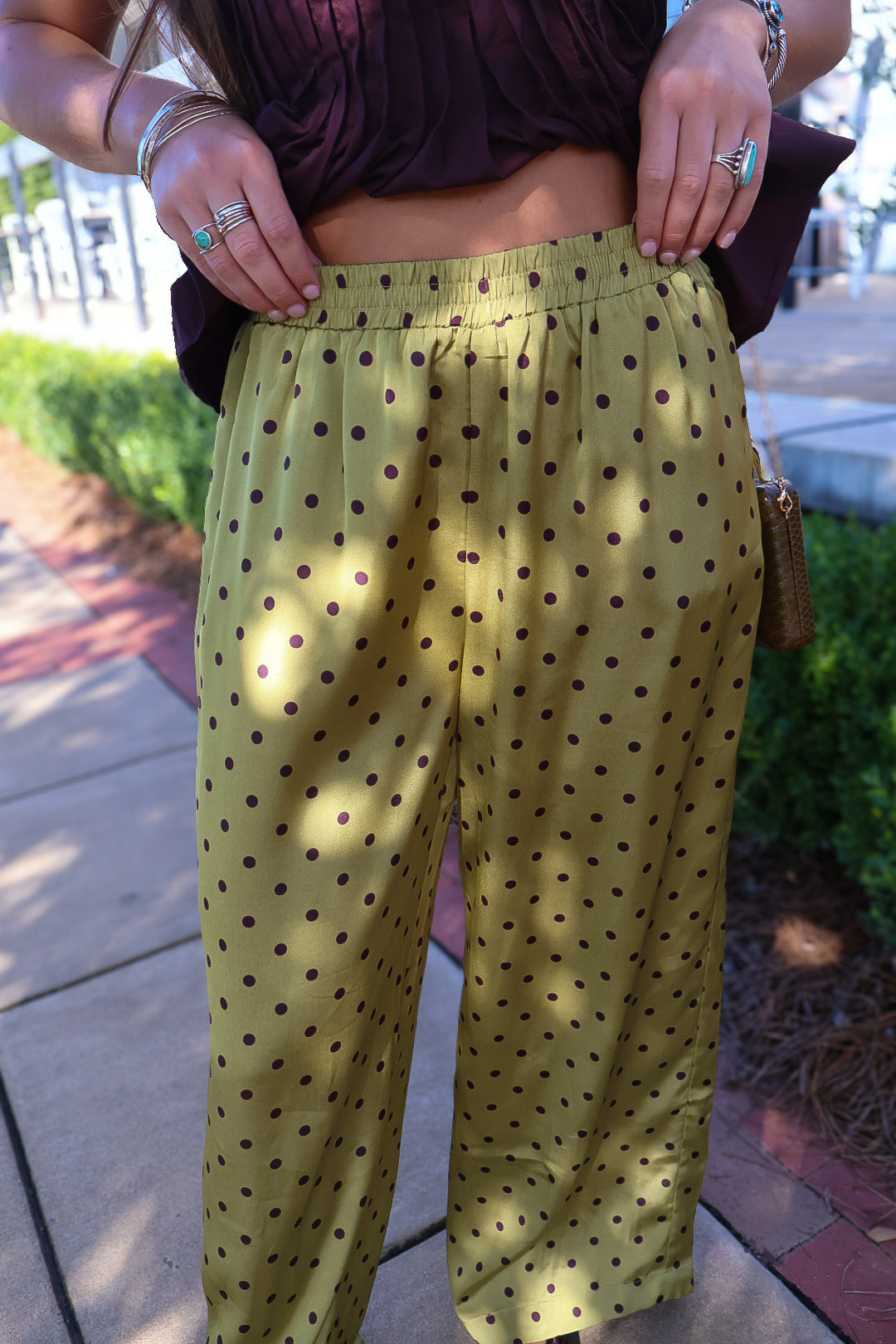 **PRE-ORDER 11/5!** Brown & Green Polka Dot Satin Wide Leg Pants