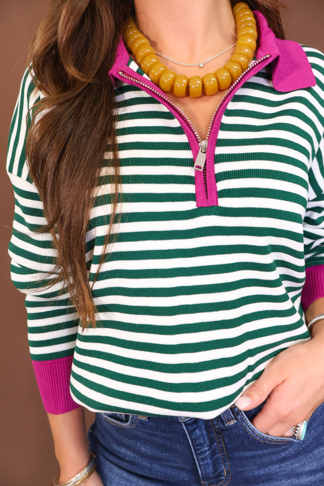 Green & Cream Striped Quarter-Zip Sweater With Pink Trim