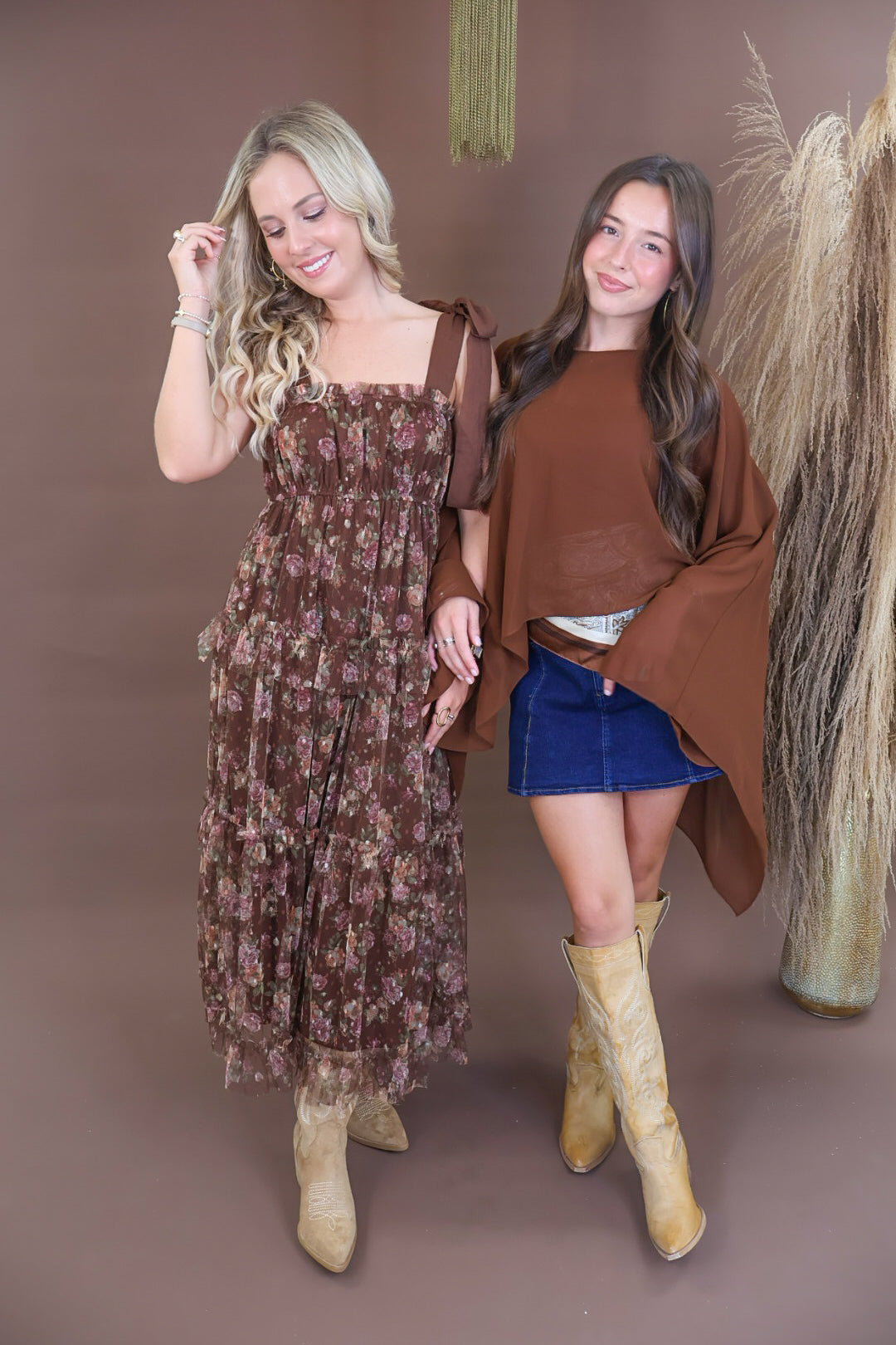 Chocolate Floral Mesh Shoulder Tie Midi Dress