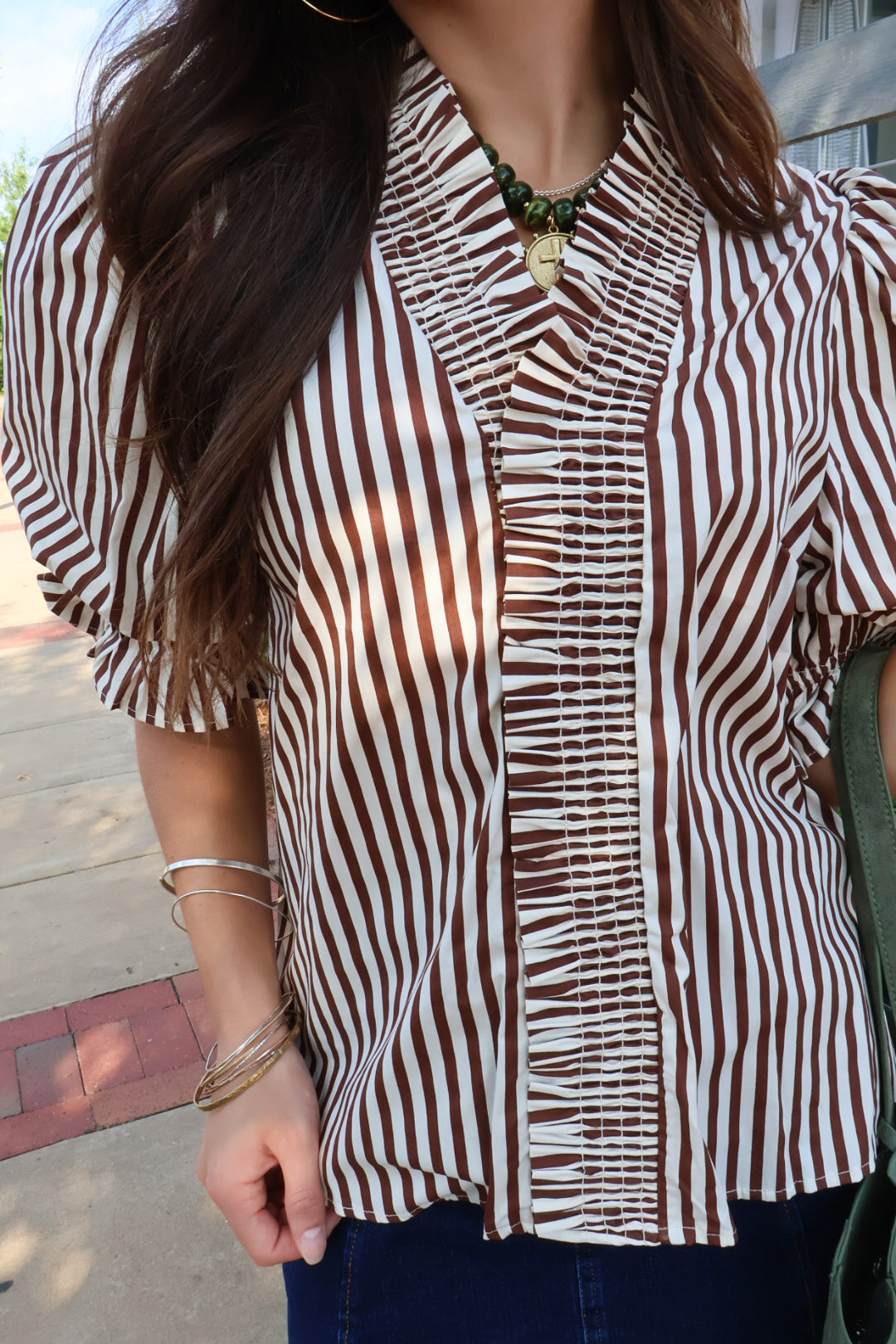 Brown & White Stripe Puff Sleeve Top