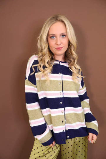 Navy Green & Pink Striped Button-Up Cardigan