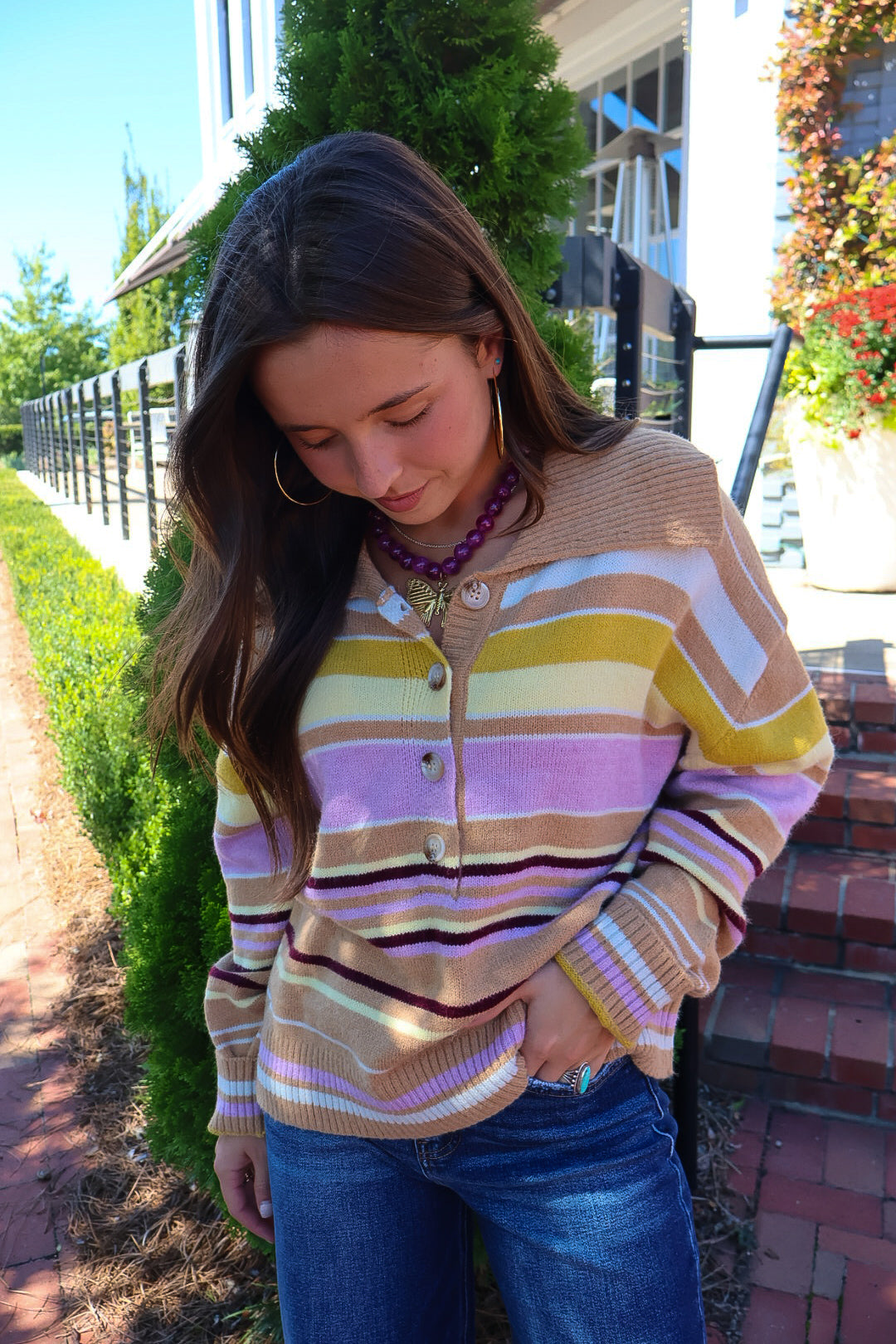 Multicolor Striped Henley Sweater