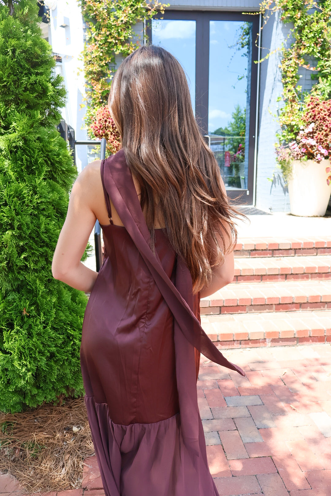 Chocolate Brown Satin Scarf Slip Maxi Dress