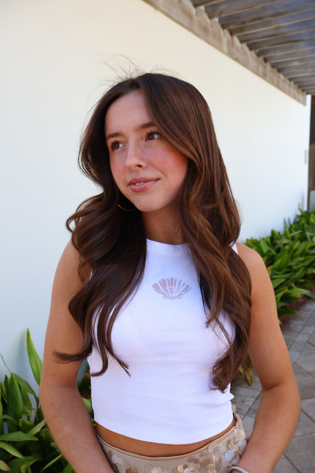 White Ribbed Shell Crop Tank Top