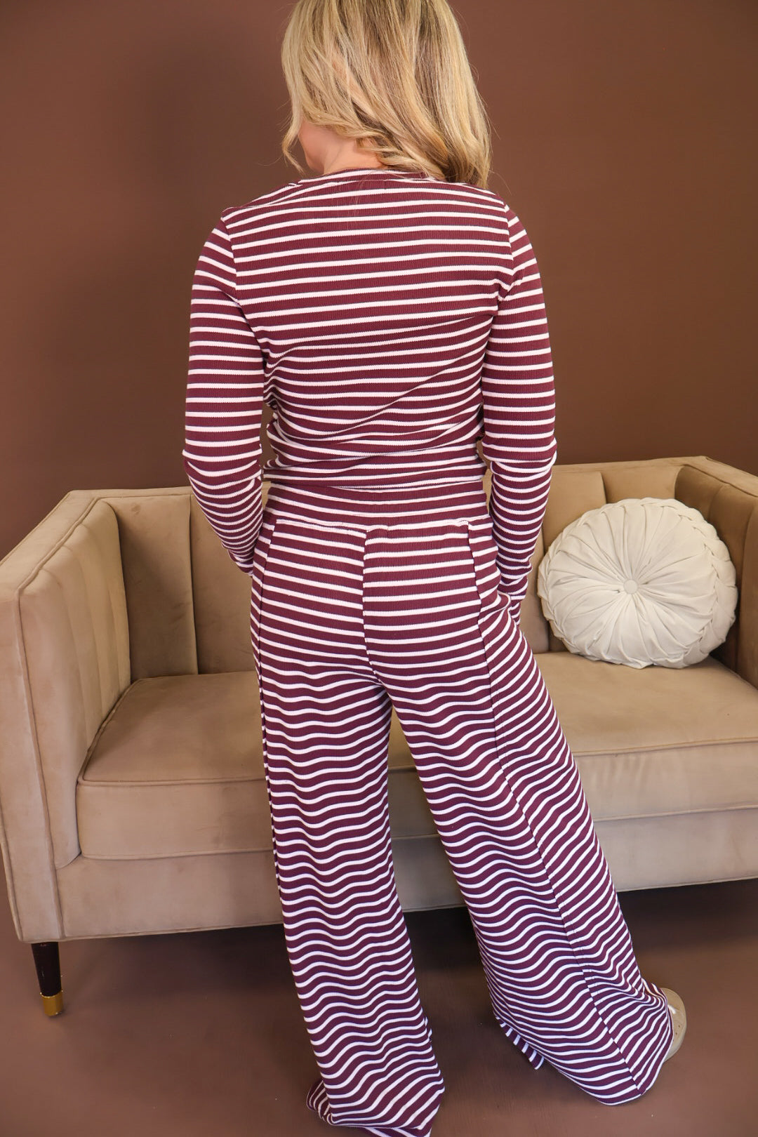 Plum Striped Rib Knit Top & Pants Set