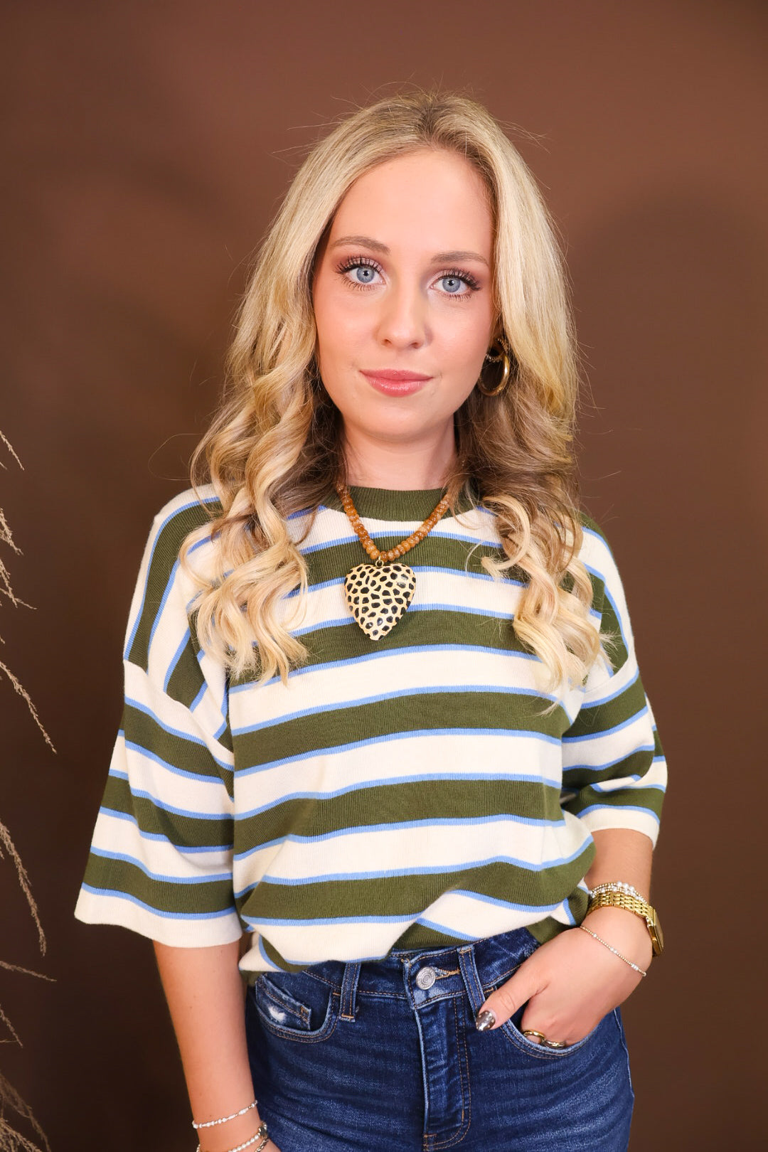 Short Sleeved Lightweight Sweater Top - Green Stripe