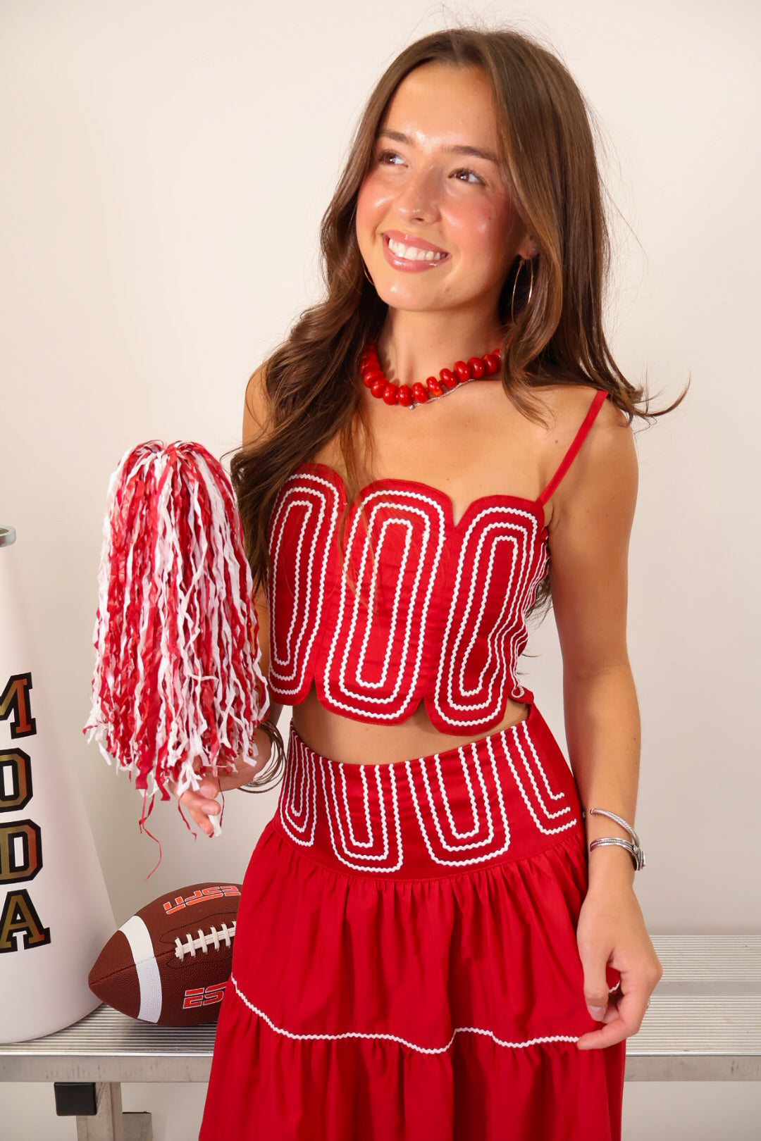 Crimson and White Trimmed Crop Top & Midi Skirt