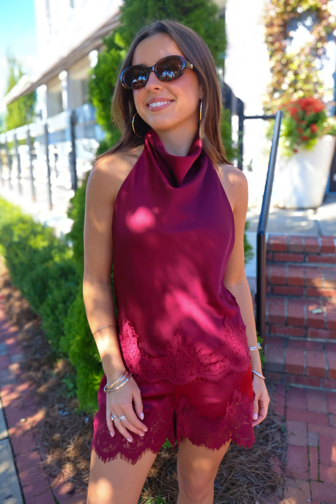 Burgundy Satin Low Back Halter & Lace Trim Shorts Set