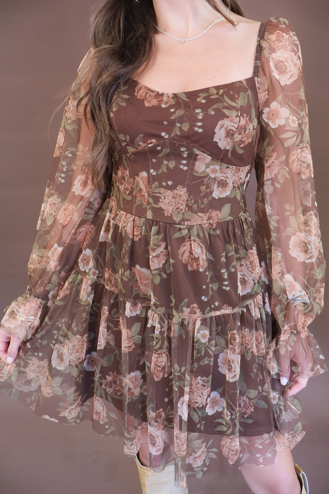 Brown Floral Mesh Long Sleeve Dress