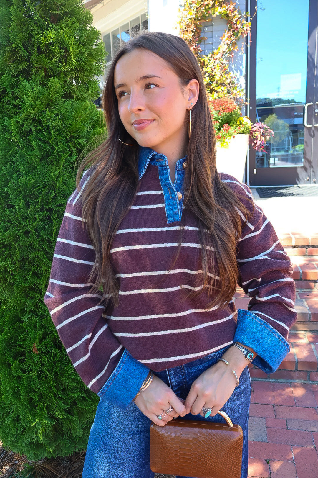 Striped Sweater With Denim Collar & Cuffs