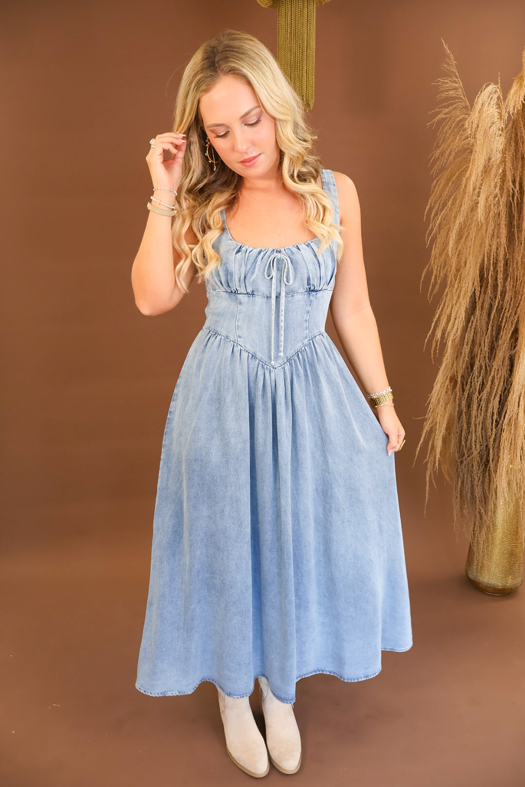 Chambray Corset Detail Midi Dress