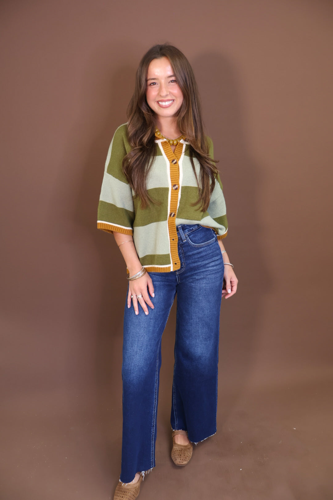 Olive & Cream Striped Short Sleeve Cardigan