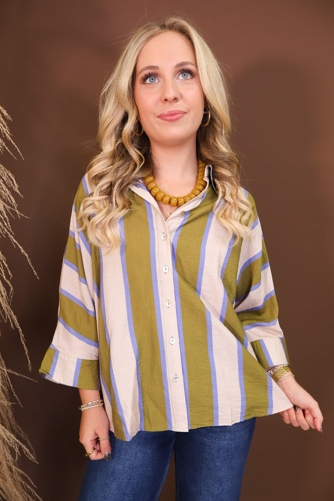 Olive & Blue Striped Button Down Top