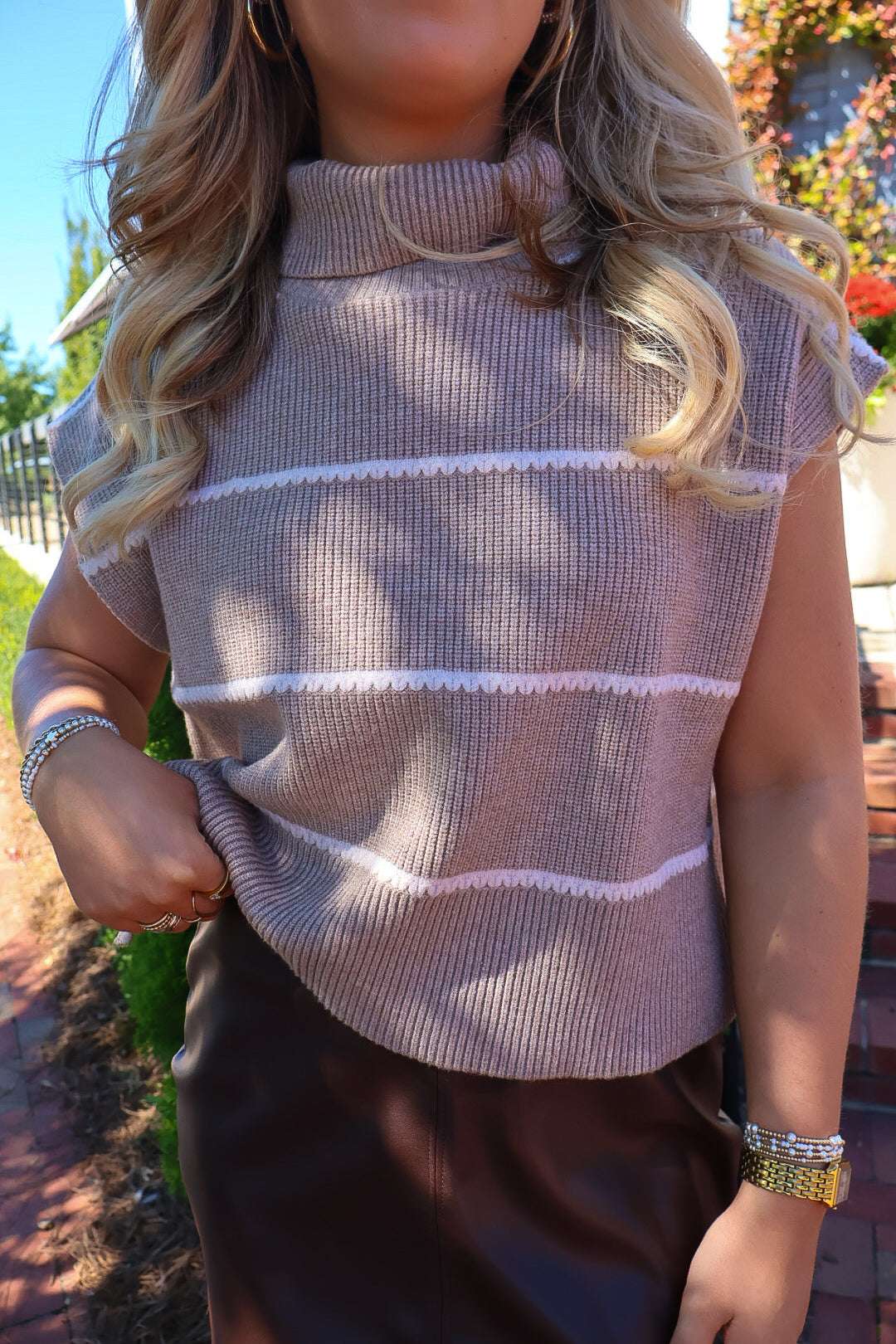 Taupe Striped Cap Sleeve Boxy Sweater