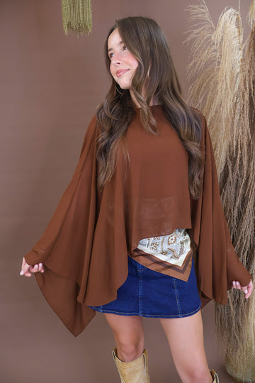 Chocolate Sheer Batwing Poncho Top with Cami