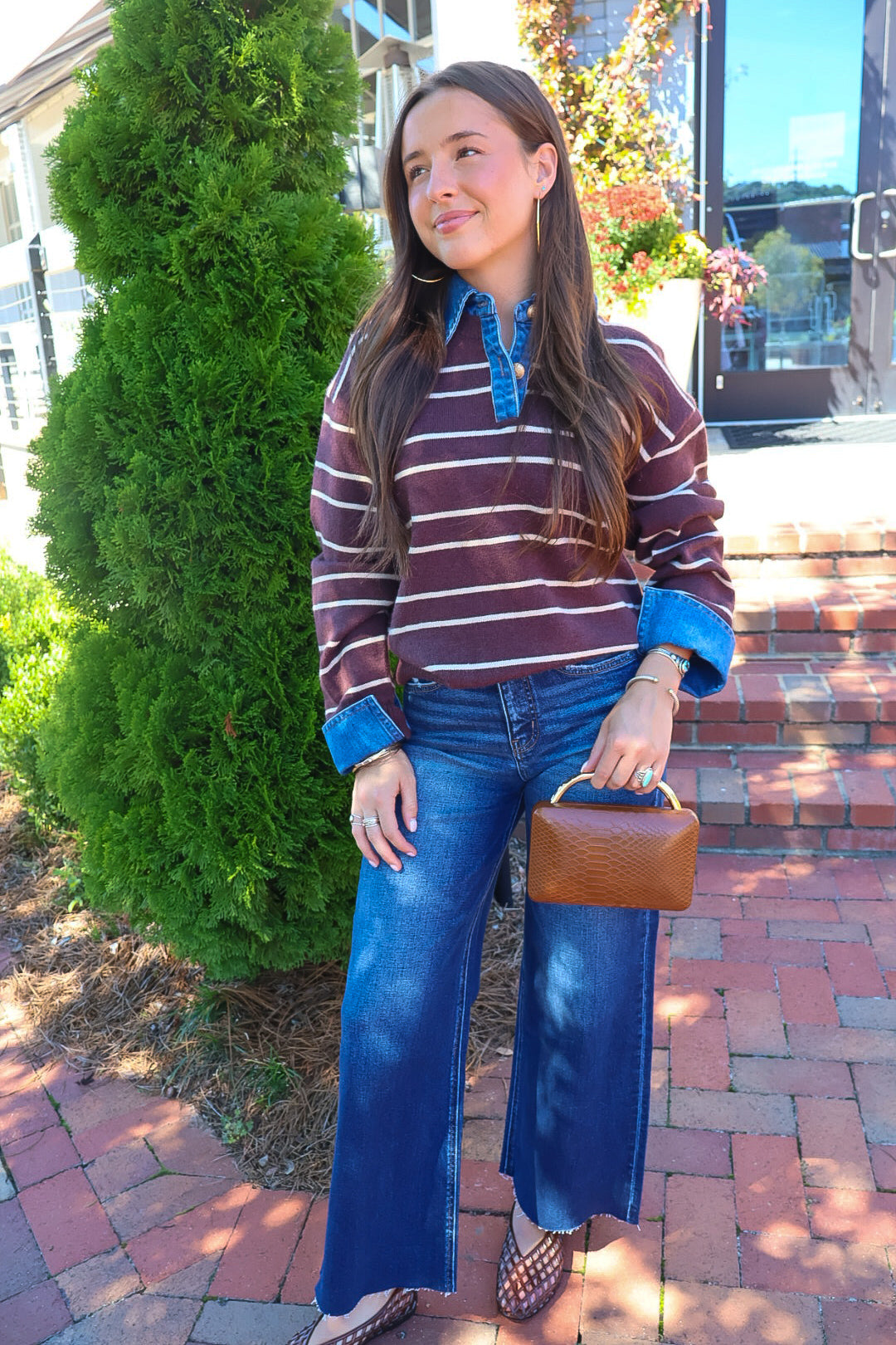 Striped Sweater With Denim Collar & Cuffs