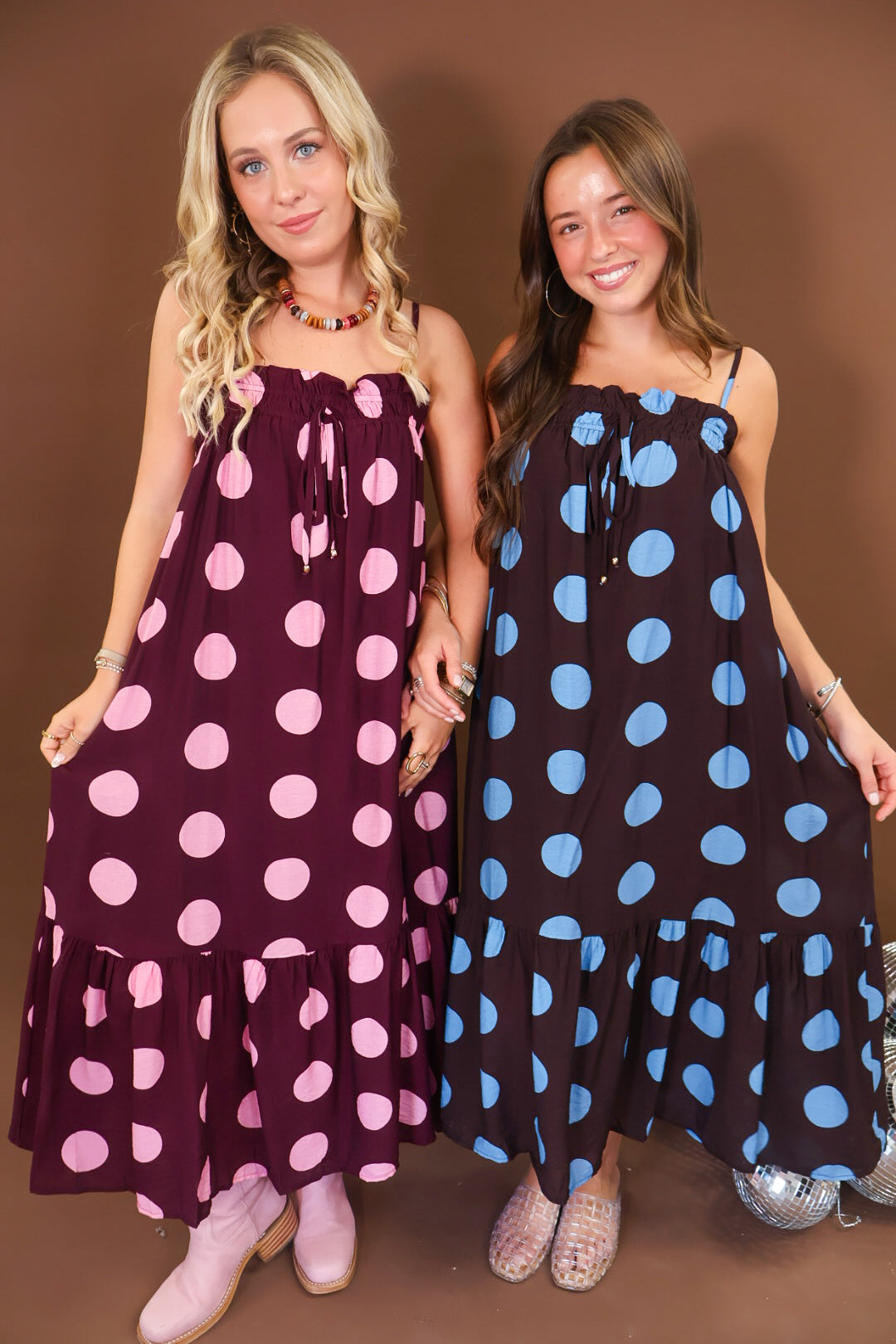 Brown & Blue Polka Dot Maxi Dress