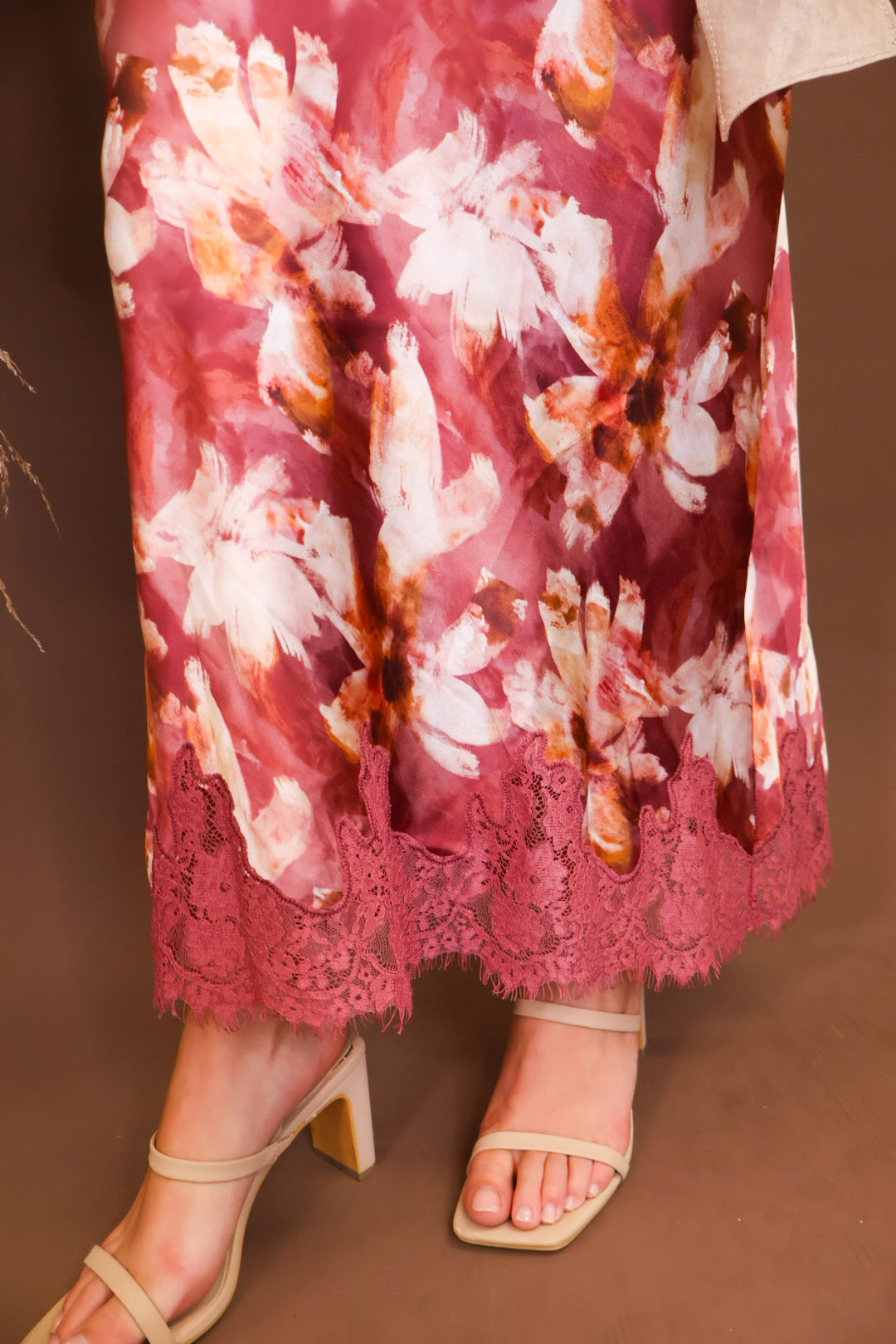 Mauve Floral Satin Midi Skirt
