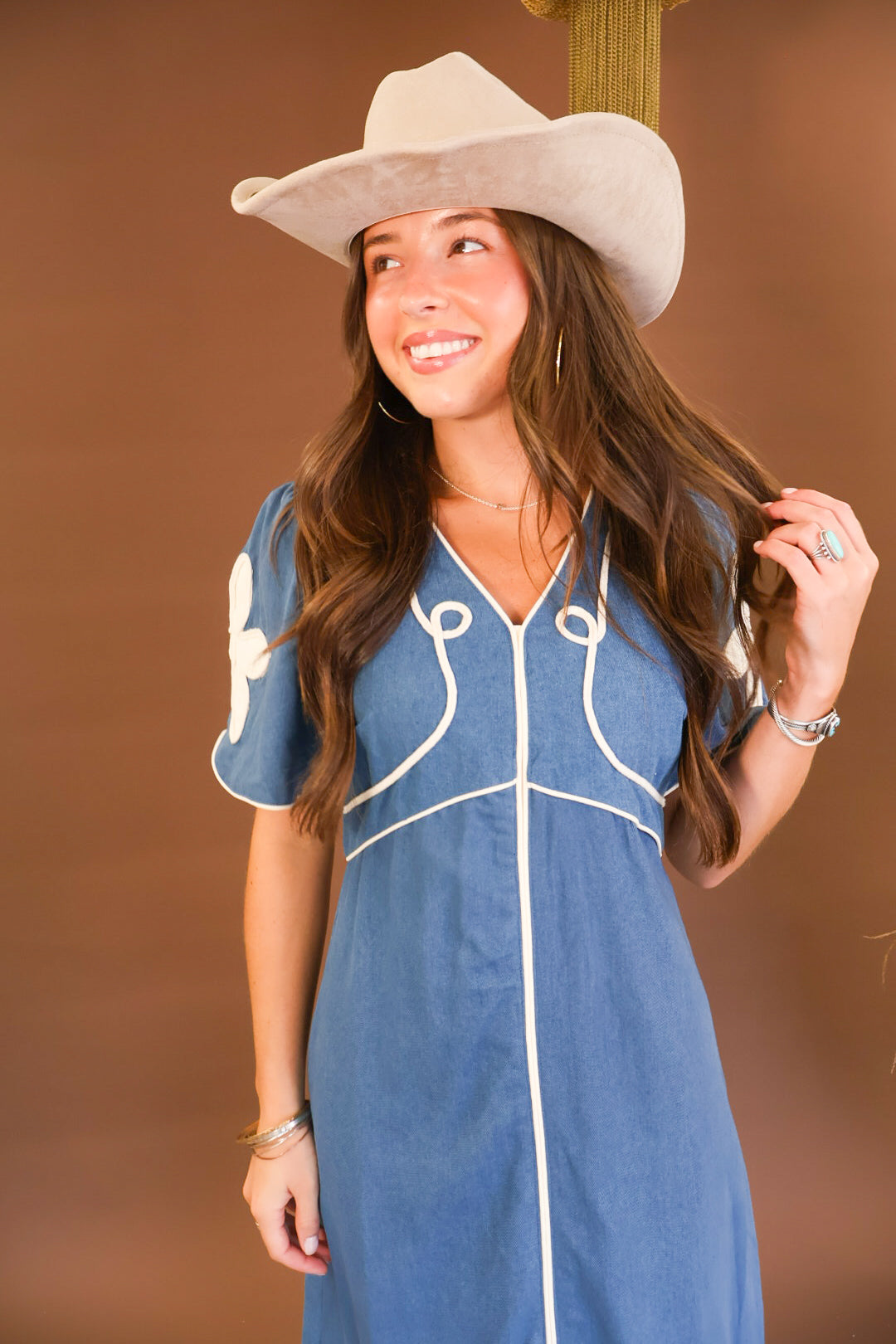 Denim Floral Embroidered Western Dress