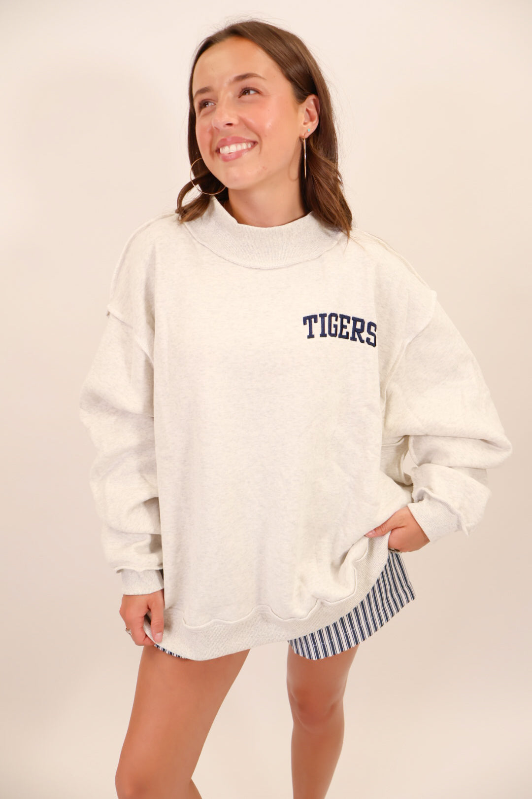 Tigers Chest Embroidered Mock Neck Pullover - Gray