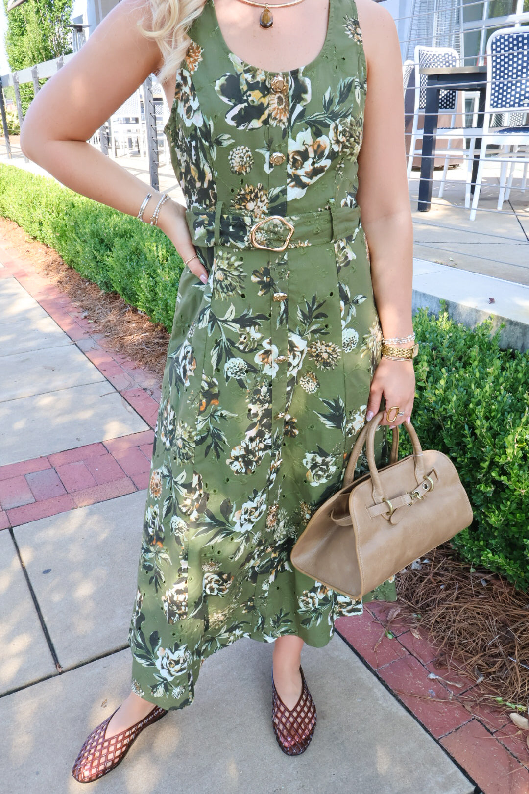 Olive Floral Belted Midi Dress