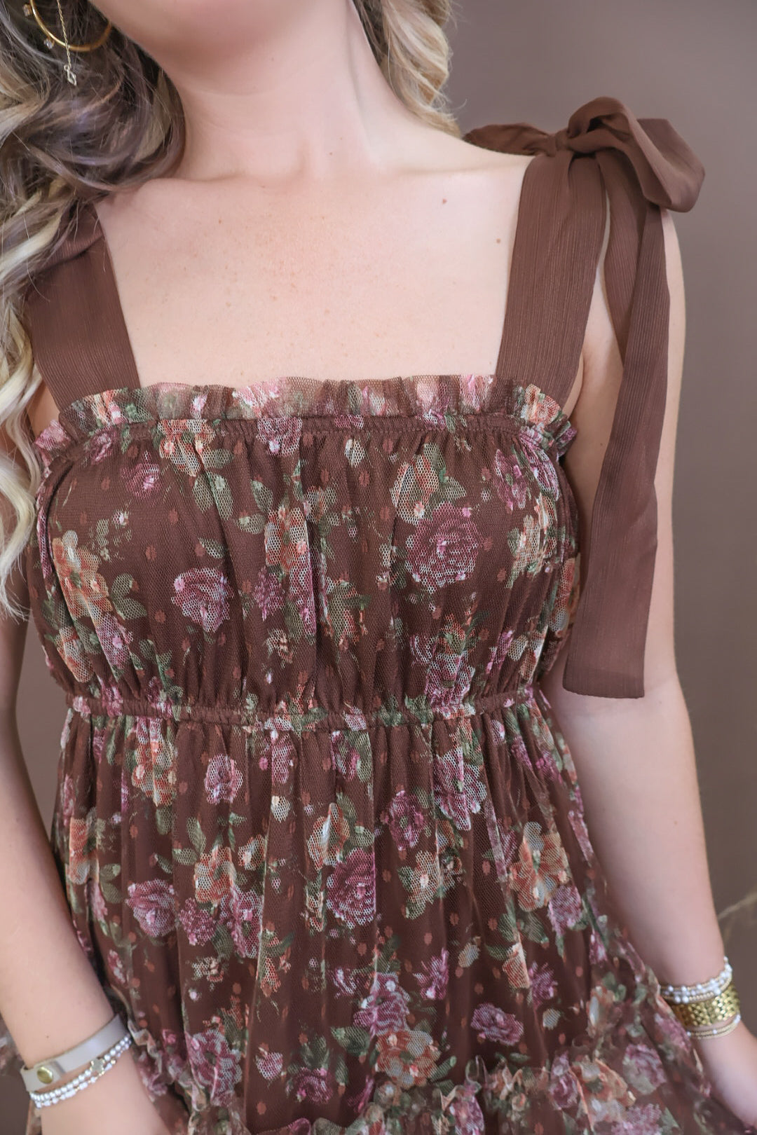 Chocolate Floral Mesh Shoulder Tie Midi Dress