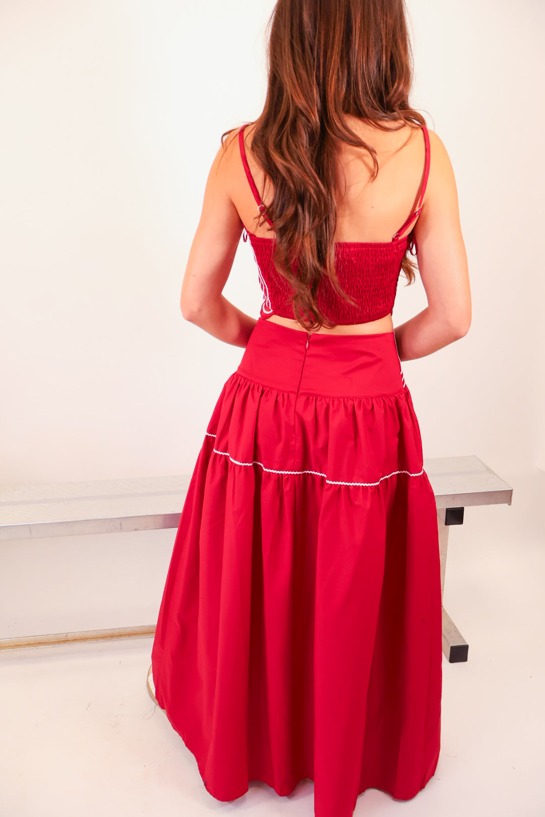 Crimson and White Trimmed Crop Top & Midi Skirt