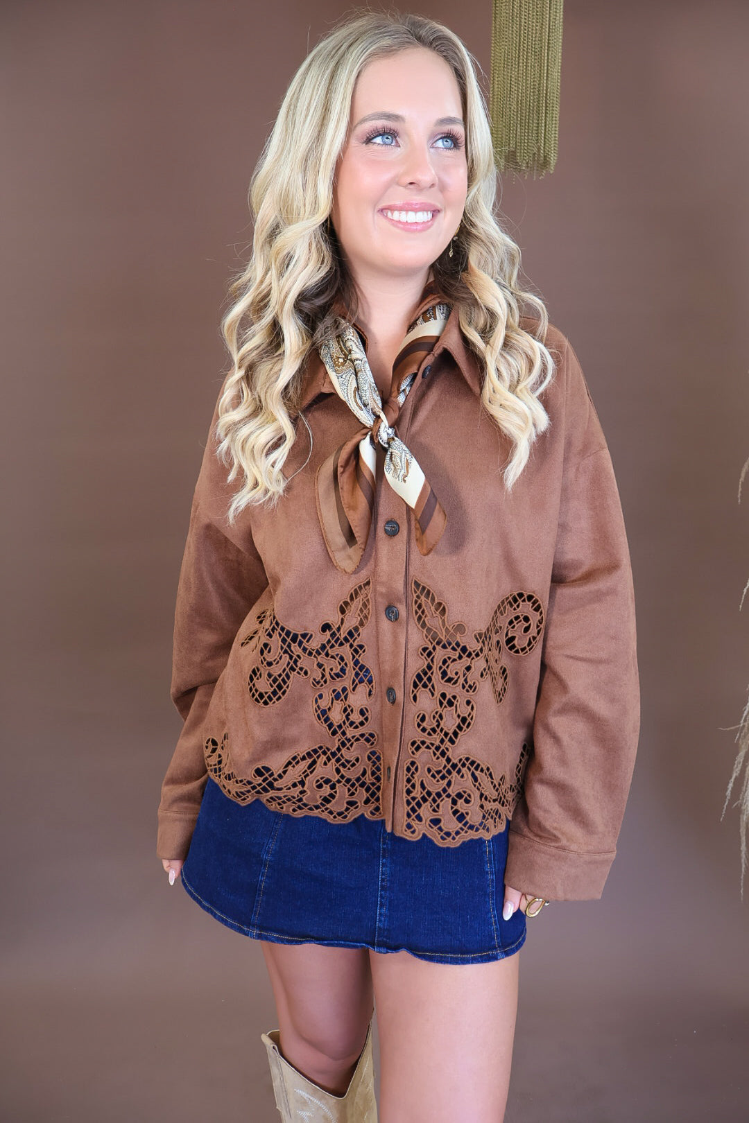 Chocolate Faux Suede Cutout Shirt Jacket